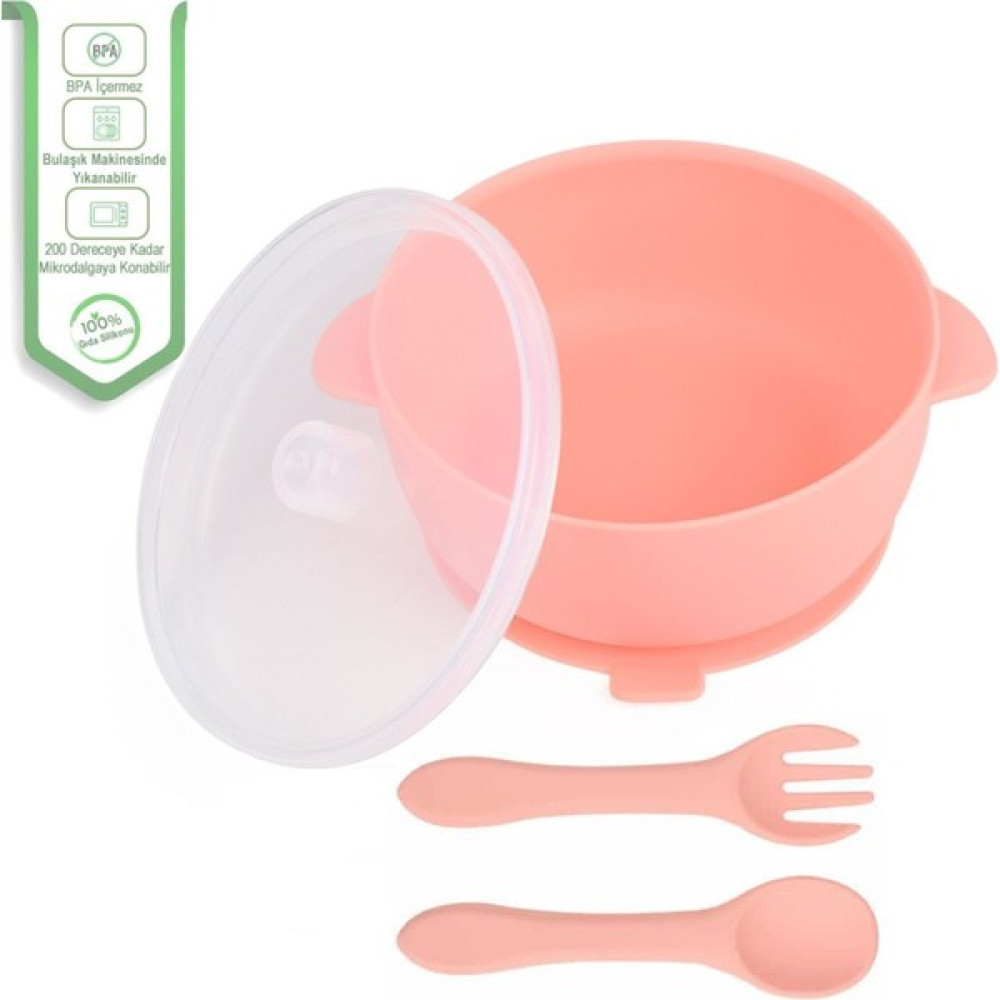 Jojobebek Kapaklı Vakumlu Silikon Mama Kasesi, Altı Vakumlu Mama Kasesi, Silikon Kaşık ve Çatal / Pembe Mama Seti Fiyatı