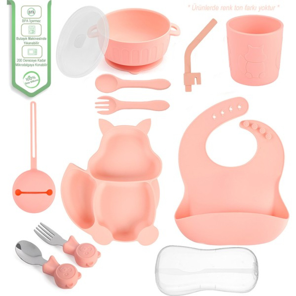 Jojobebek Silikon Beslenme Seti / Sincap Figürlü Vakumlu Silikon Mama Tabağı, Kapaklı Kase, Önlük, Pipet, Emzik Kılıfı, Bardak, Çatal, Kaşık, Pasla... Mama Seti Fiyatı