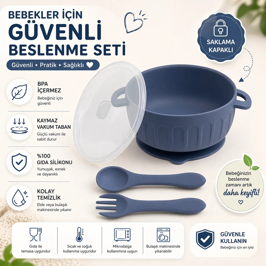 Jojobebek Vakumlu Silikon Kapaklı Mama Kasesi, Silikon Kaşık Ve Çatal / Lacivert Saklama Kapları Fiyatı