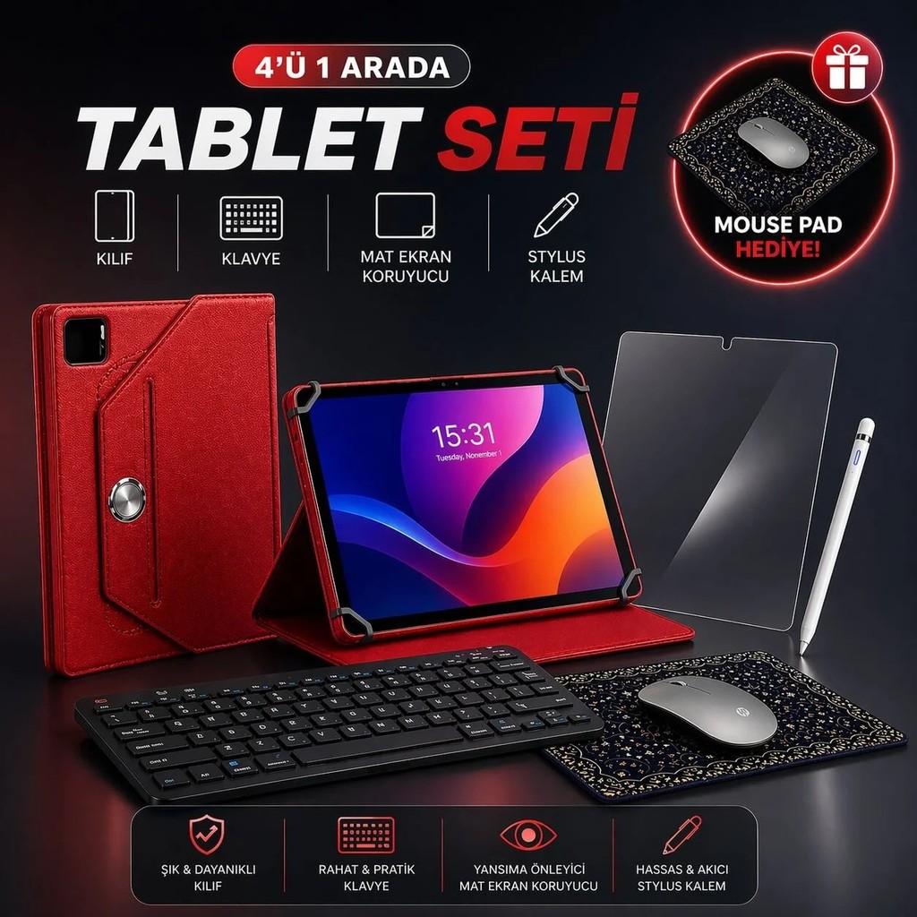 Jolita Casper Vıa L40 Uyumlu 4’lü Tablet Seti Klavye + Kılıf + Kalem - Kırmızı Klavye - Mouse Fiyatı