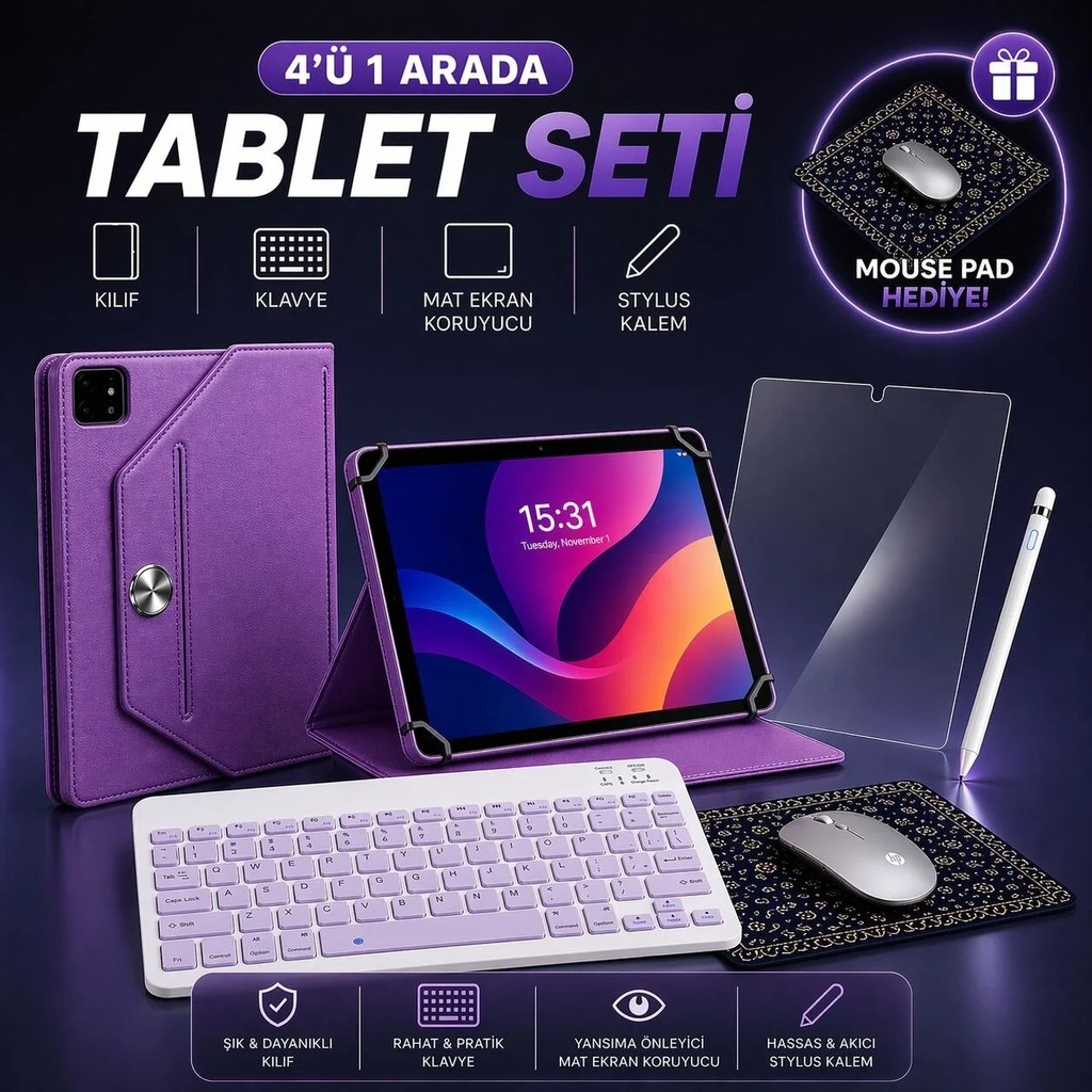 Jolita Casper Vıa L40 Uyumlu 4’lü Tablet Seti Klavye + Kılıf + Kalem - Mor Klavye - Mouse Fiyatı