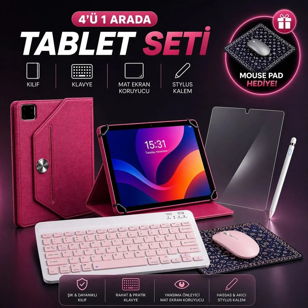Jolita Casper Vıa L40 Uyumlu 4’lü Tablet Seti Klavye + Kılıf + Kalem - Pembe Klavye - Mouse Fiyatı