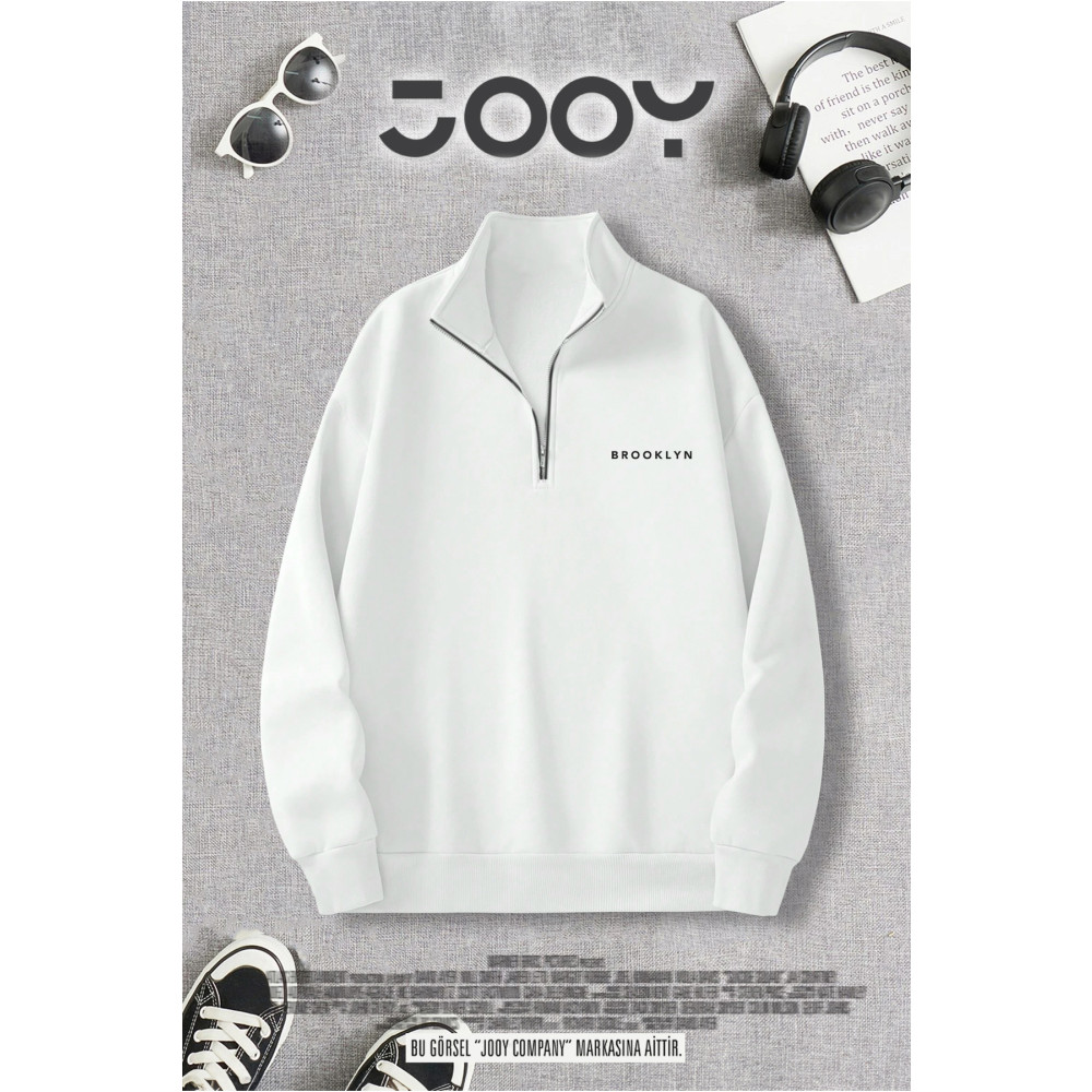 Jooy Company Yarım Fermuarlı Brooklyn Baskılı Beyaz Sweatshirt M Beden Bayan Sweatshirt Fiyatı