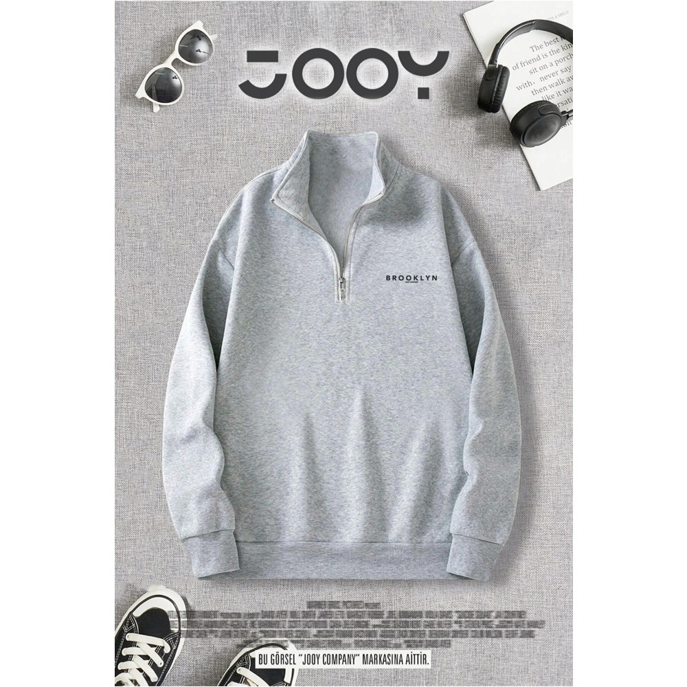 Jooy Company Yarım Fermuarlı Brooklyn Baskılı Gri Sweatshirt S Beden Bayan Sweatshirt Fiyatı