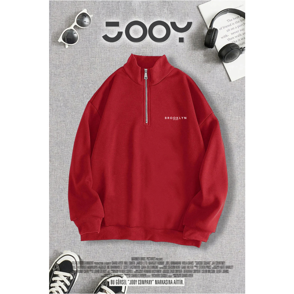 Jooy Company Yarım Fermuarlı Brooklyn Baskılı Kırmızı Sweatshirt M Beden Bayan Sweatshirt Fiyatı