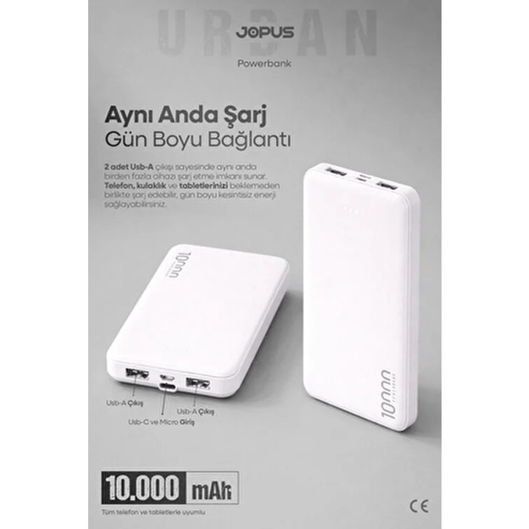 Jopus 10000MAH Powerbank - LED Işık Göstergeli - Taşınabilir Şarj Cihazı - Beyaz JP-P10 Taşınabilir Şarj Cihazı - Powerbank Fiyatı