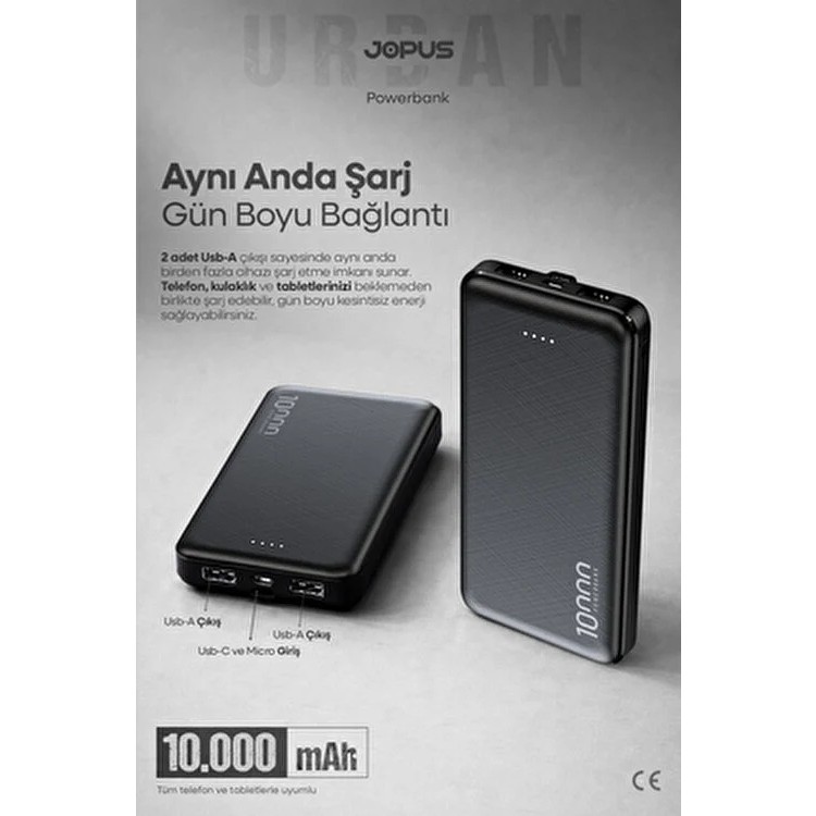 Jopus 10000MAH Powerbank - LED Işık Göstergeli - Taşınabilir Şarj Cihazı - Siyah JP-P10 Taşınabilir Şarj Cihazı - Powerbank Fiyatı