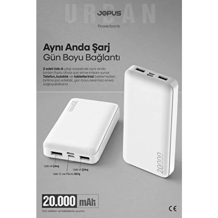 Jopus 20000MAH Taşınabilir Şarj Cihazı - LED Işık Göstergeli Beyaz Powerbank 2 USB Çıkışlı Taşınabilir Şarj Cihazı - Powerbank Fiyatı