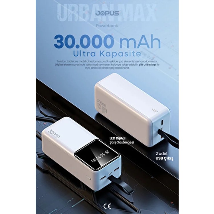 Jopus 30000MAH Powerbank LCD Ekranlı Taşıma Askılı Güçlü Taşınabilir Şarj Cihazı Beyaz JP-P12 Taşınabilir Şarj Cihazı - Powerbank Fiyatı