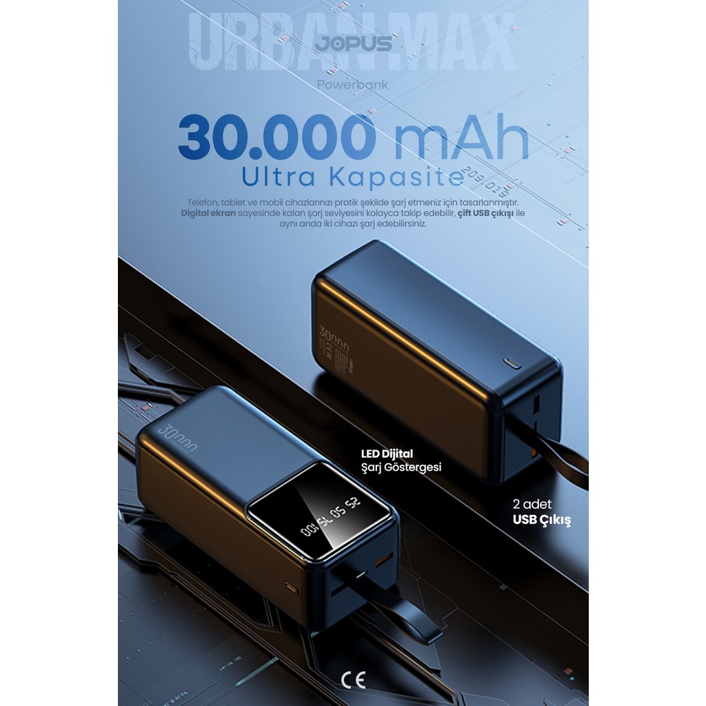 Jopus 30000mAh Powerbank LCD Ekranlı Taşıma Askılı Güçlü Taşınabilir Şarj Cihazı Siyah JP-P12 Taşınabilir Şarj Cihazı - Powerbank Fiyatı