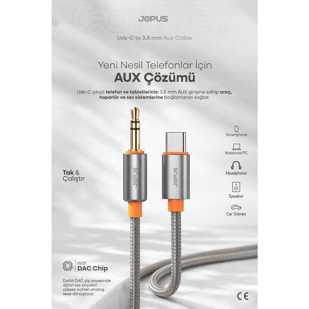 Jopus iPhone Android Uyumlu - Type-C To 3.5mm Aux Kablo - Tak Çalıştır Aux Örgülü - 1 Metre - Ja-05 - 1 m - Gri - Turuncu Bilgisayar Çevirici ve Adaptörü Fiyatı