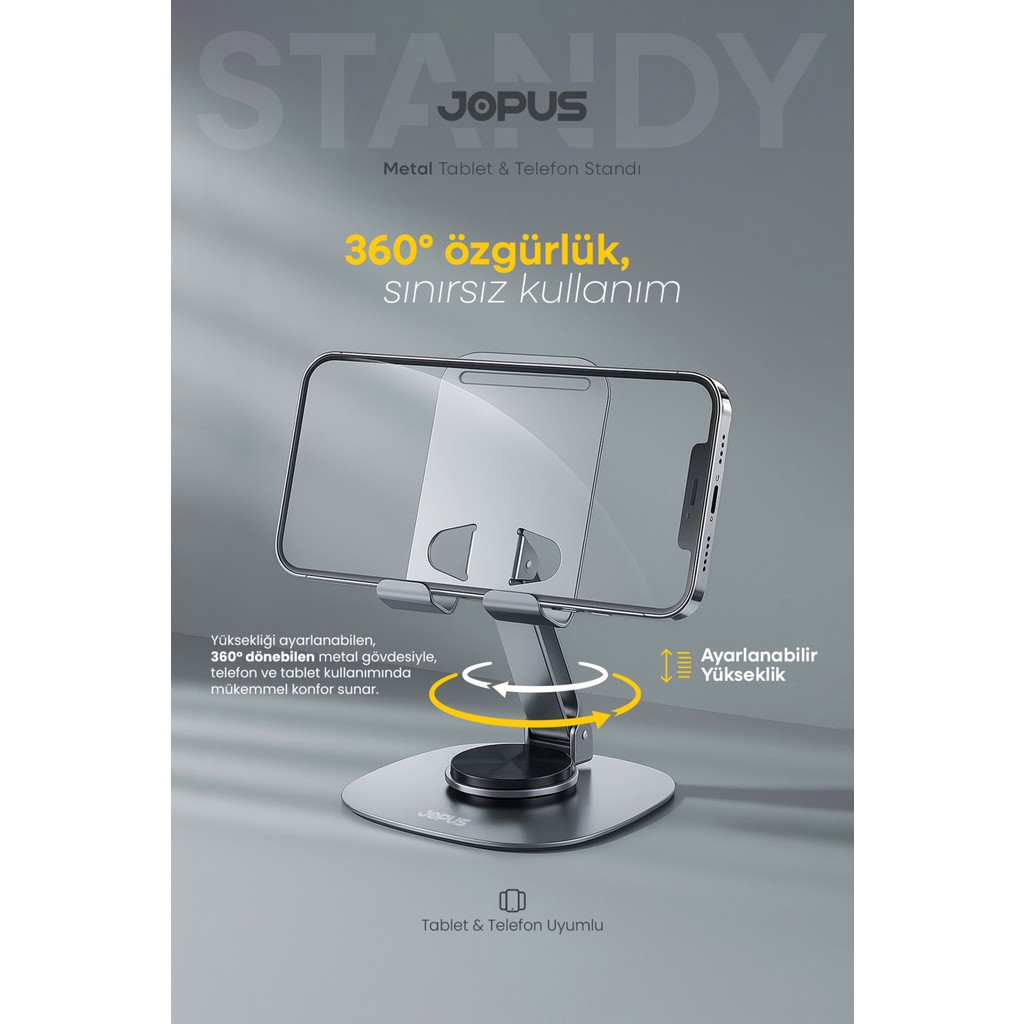 Jopus Metal 360 Dönebilen Telefon ve Tablet Standı Masaüstü Ayarlanabilir Katlanabilir Tutucu iPhone Ultra - Açık Gri Cep Telefonu Fiyatı