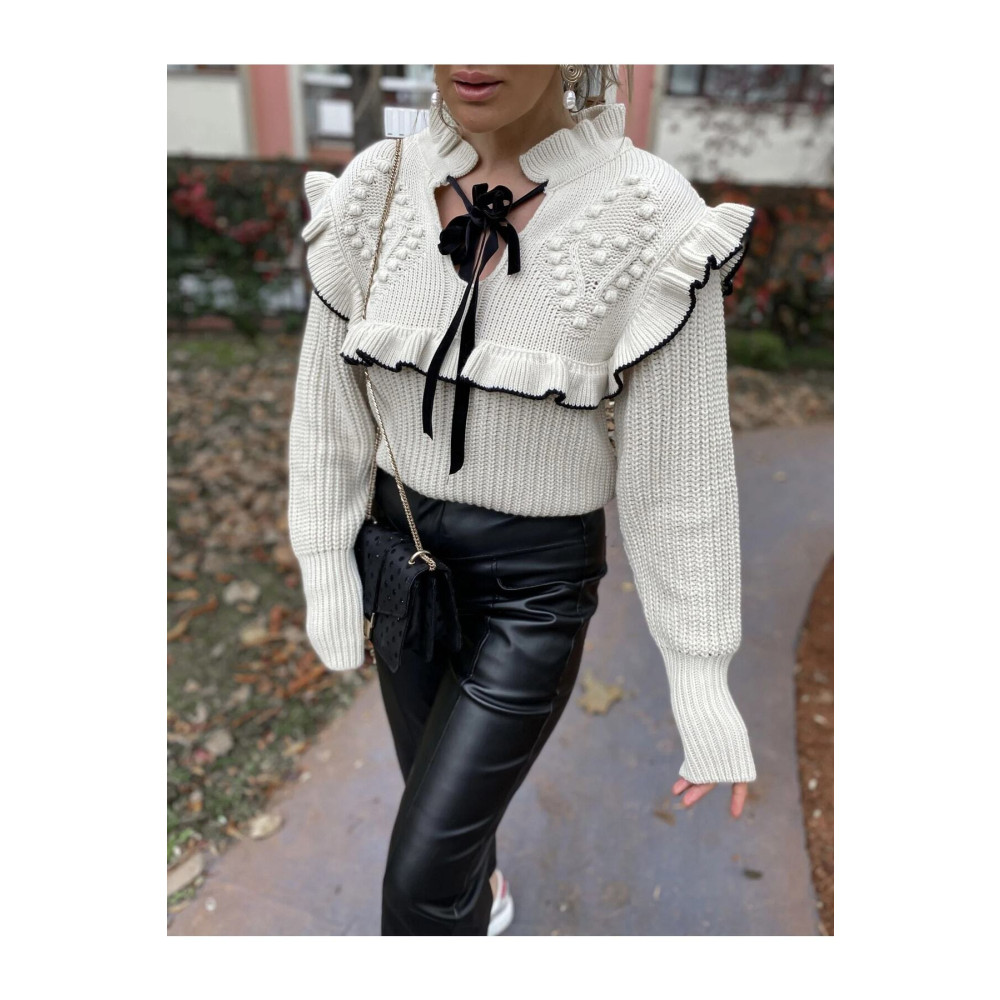 Jose Clothing Kadın Bej Yaka Kurdele Detay Fırfırlı Uzun Kollu Triko Kazak SSTD Beden Bayan Kazak & Süveter & Triko Fiyatı