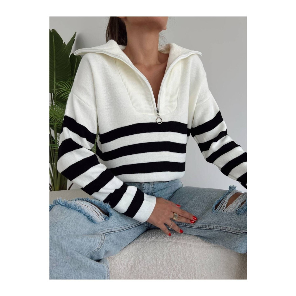 Jose Clothing Kadın Beyaz Siyah Çizgili Oversize Kesim Fermuarlı Triko Kazak SSTD Beden Bayan Kazak & Süveter & Triko Fiyatı