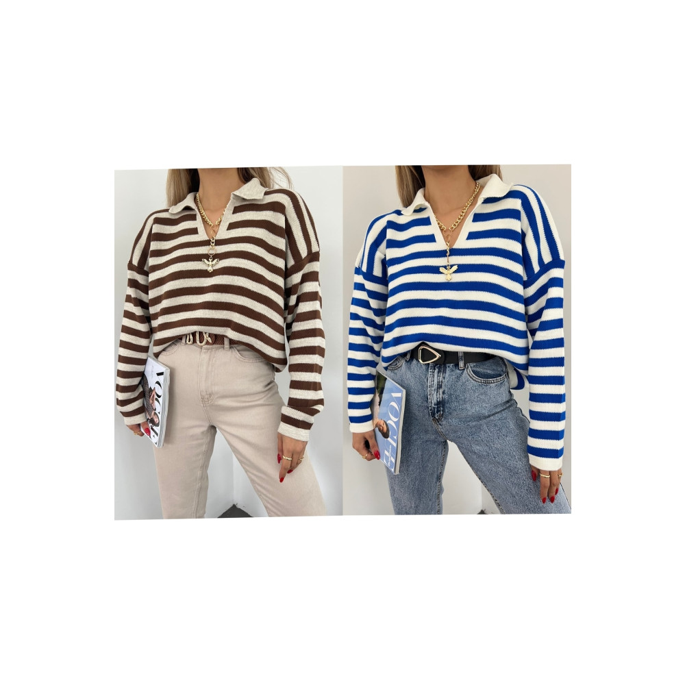 Jose Clothing Kadın Polo Yaka Çizgili Uzun Kollu Triko Kazak İkili Set SSTD Beden Bayan Kazak & Süveter & Triko Fiyatı