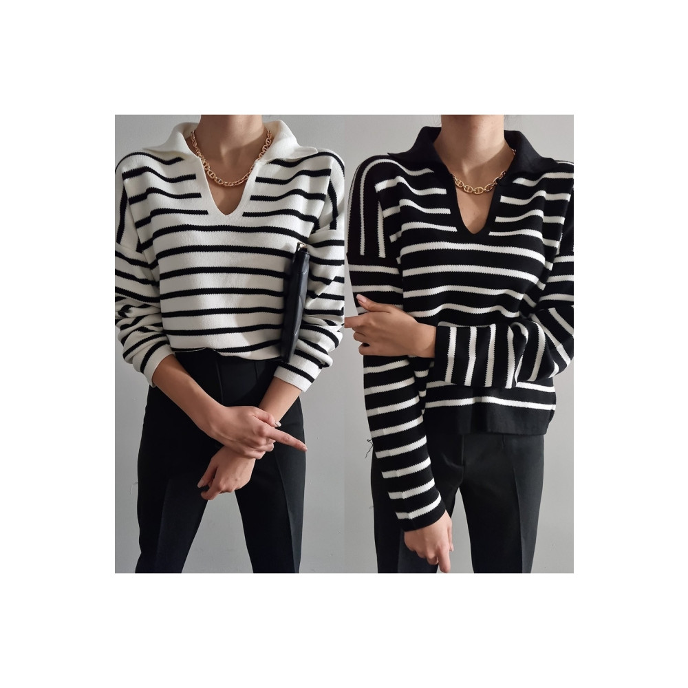 Jose Clothing Kadın Polo Yaka Siyah Beyaz Çizgili Triko Kazak Ikili Set SSTD Beden Bayan Kazak & Süveter & Triko Fiyatı