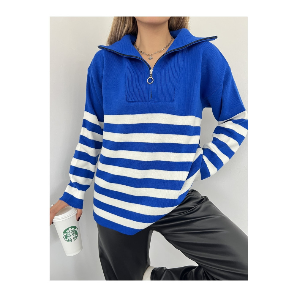 Jose Clothing Kadın Saks Mavisi Çizgili Oversize Kesim Fermuarlı Triko Kazak SSTD Beden Bayan Kazak & Süveter & Triko Fiyatı