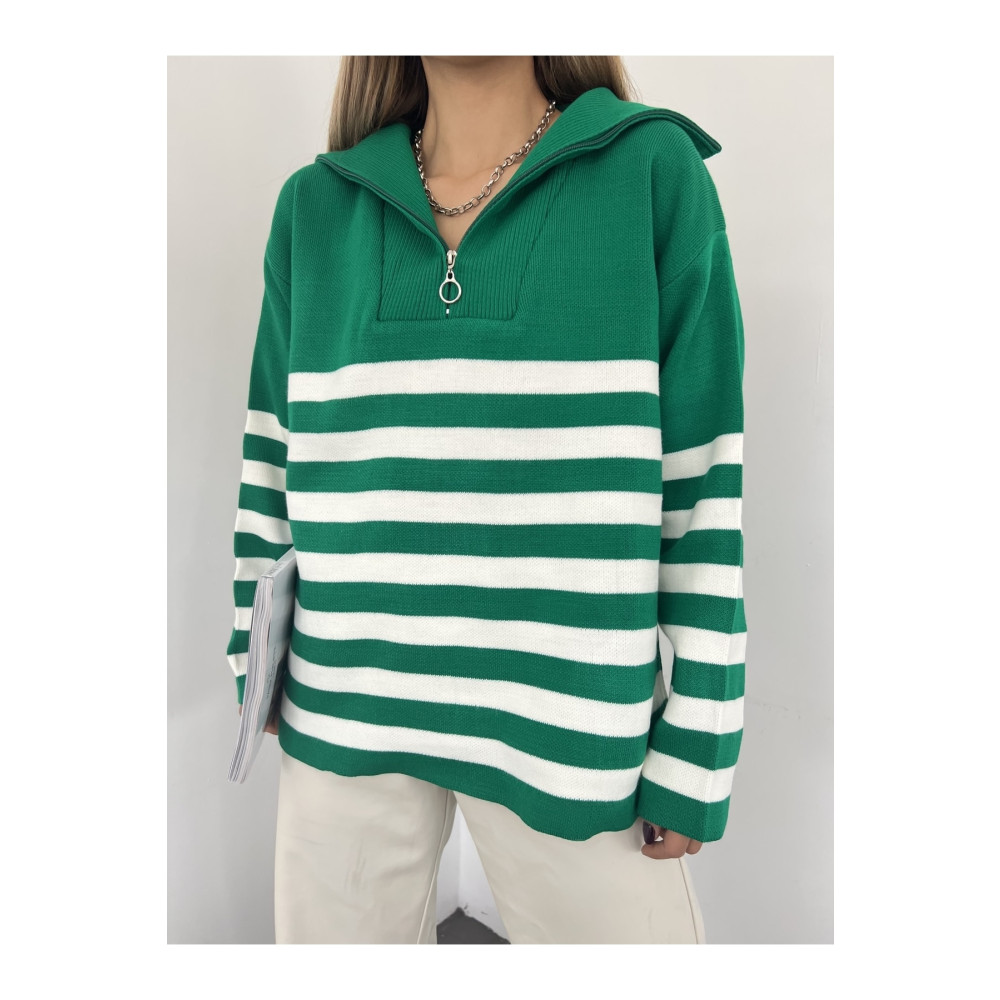 Jose Clothing Kadın Yeşil Beyaz Çizgili Oversize Kesim Fermuarlı Triko Kazak SSTD Beden Bayan Kazak & Süveter & Triko Fiyatı