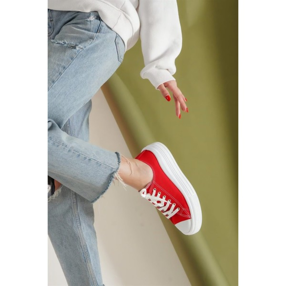 Jovial Kadın Kırmızı Rahat Keten Günlük Spor Kalın Tabanlı -5cm- Bağcıklı Sneaker Ayakkabı Spor Ayakkabı Fiyatı