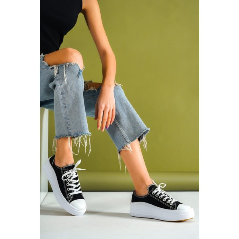 Jovial Kadın Siyah Rahat Keten Günlük Spor Kalın Tabanlı -5cm- Bağcıklı Sneaker Ayakkabı Spor Ayakkabı Fiyatı