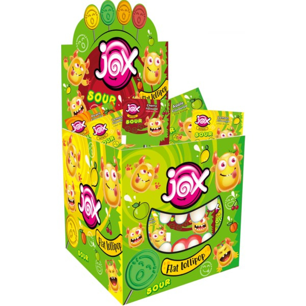Jox Flat; Kabartmalı Yüz Ifadeli Elma,limon,şeftali,vişne Aromalı Ekşili Yassı Lolipop Şekerleme 6,2 gr x 150 Adet - 930 gr Diğer Fiyatı
