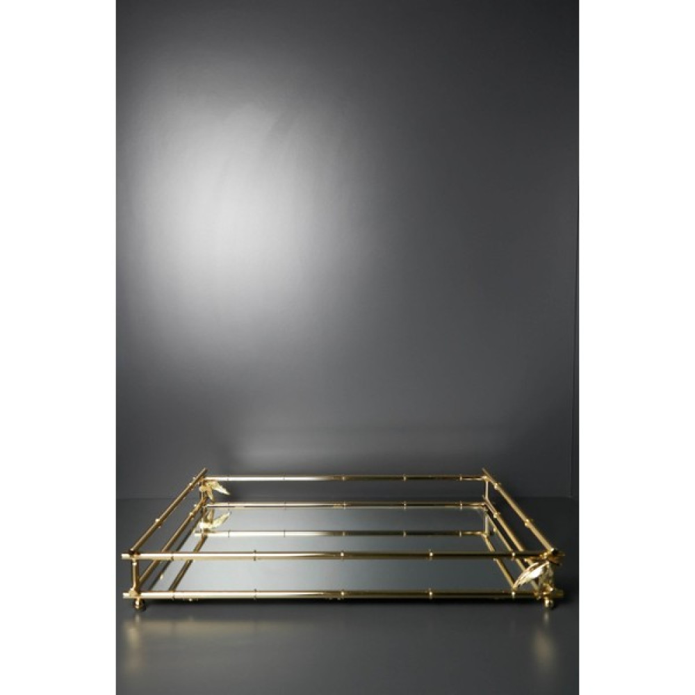 Joy Home&Accessories Gold Renk Bambu Tasarımlı İçi Aynalı Tepsi Büyük Servis Tepsisi Fiyatı