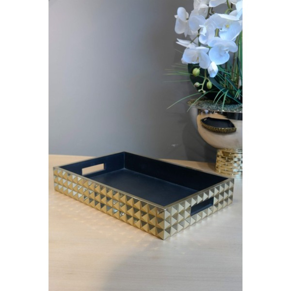 Joy Home&Accessories Gold Renk Prizma Desenli Metal Dış Gövde Dikdörtgen Ahşap Tepsi Servis Tepsisi Fiyatı