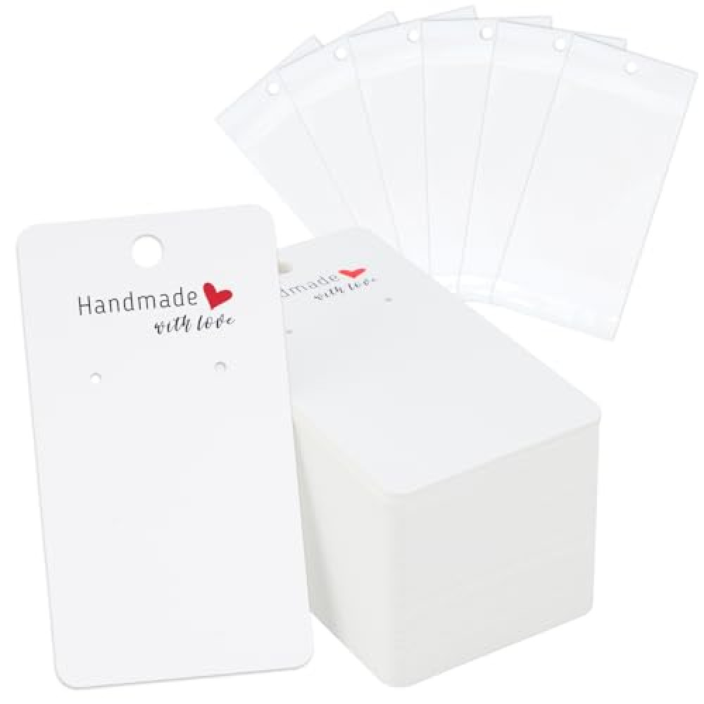 joycraft 100Pcs Earring Display Cards with Bags, 2x3.5 inch Earring Display Holder Cards, White Handmade with Love Earring Tags for Selling, Hanging Earring, DIY Jewelry Crafts, Retail