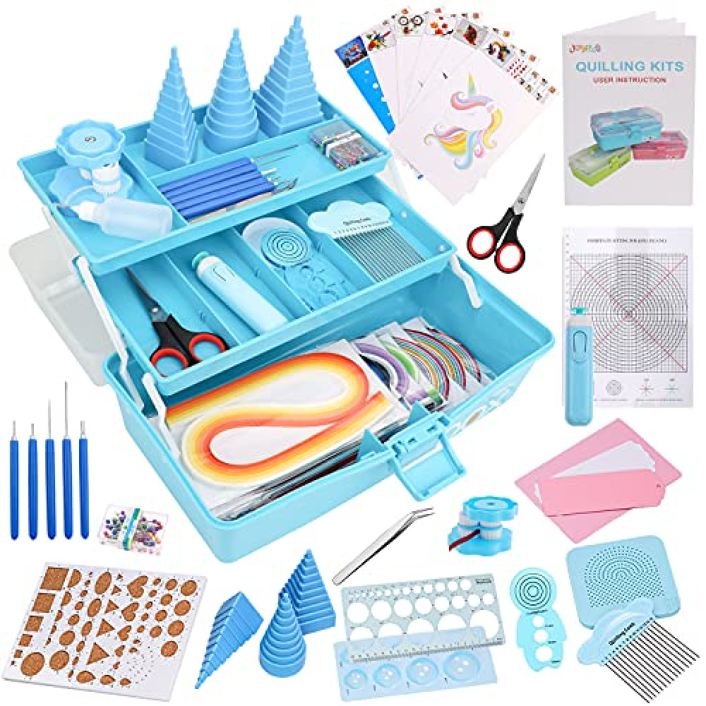 JoyPlus Quilling Kit for Beginners With Manual, 24 Supplies, Durable Storage, Updated Paper Crimper Tool, Premium Husking Board & Electronic Pen - Blue