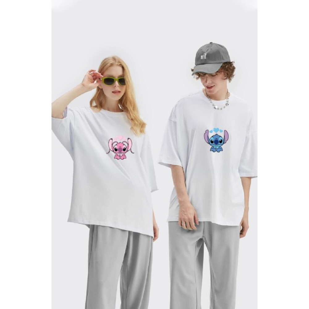 Joza Outdoors Unisex Kadın Erkek Lilo ve Angel Stitch Baskılı Sevgili Çift Kombini Tasarım Oversize T-Shirt 2'li Set Bayan T-shirt Fiyatı