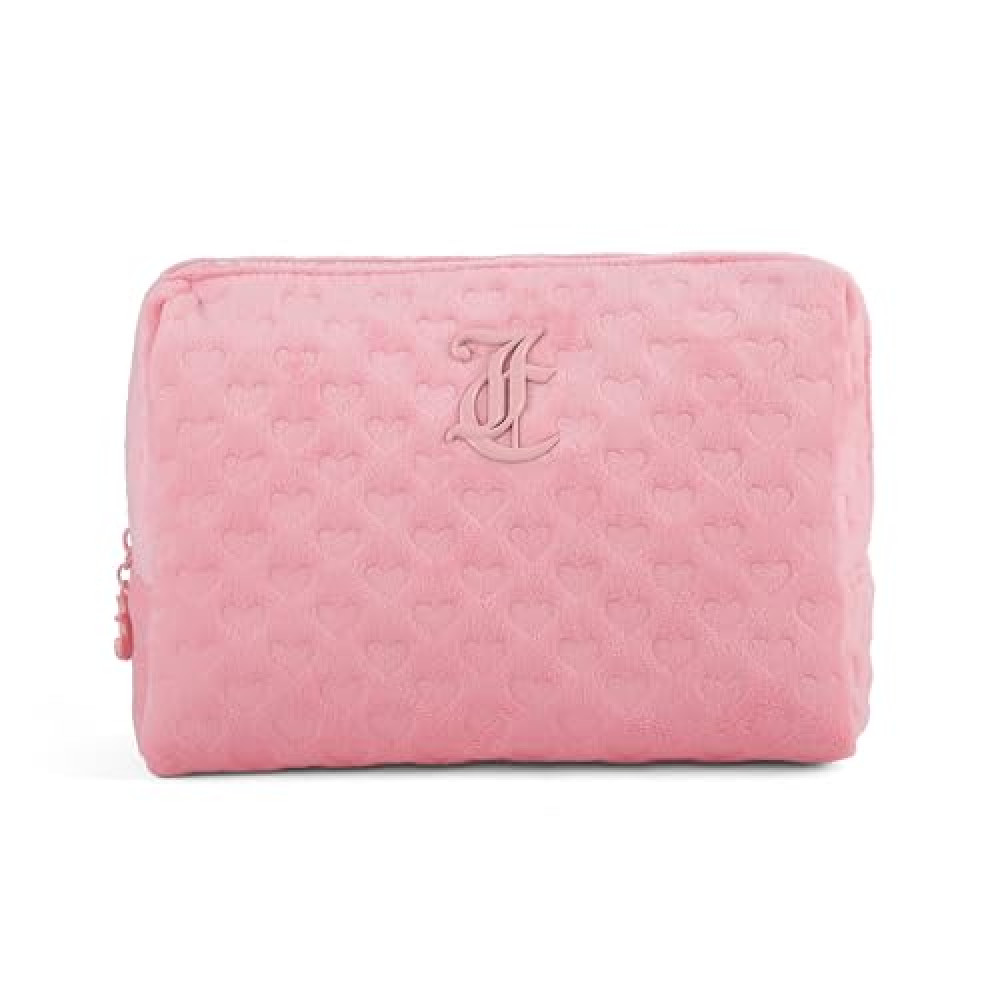 Juicy Couture Women's Cosmetics Bag - Travel Makeup and Toiletries Clutch Wedge Pouch, Pink Pressed Heart Terry