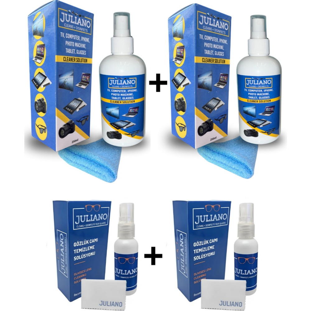 Juliano 2 Adet 250 ml + 2 Adet 50 ml Temizlik Seti - Televizyon, Cep Telefonu, Kamera, Gözlük, Led, Ekran, Laptop, Tablet, Bilgisayar - Renkli Gözlük Aksesuarı Fiyatı
