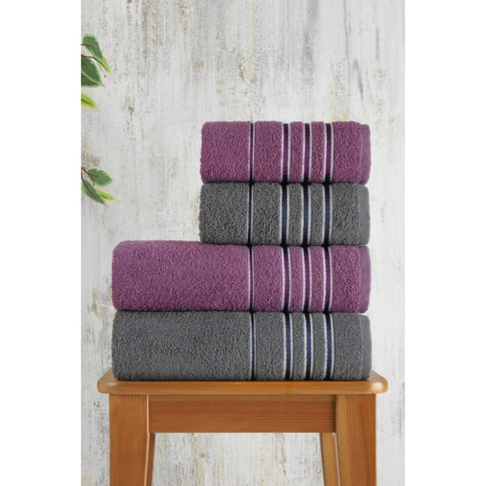 Julie Ella Banyo Havlu Seti | Hamam Seti 4'lü - 70 x 140 cm - 50 x 90 cm - Mürdüm Banyo Havlusu Fiyatı