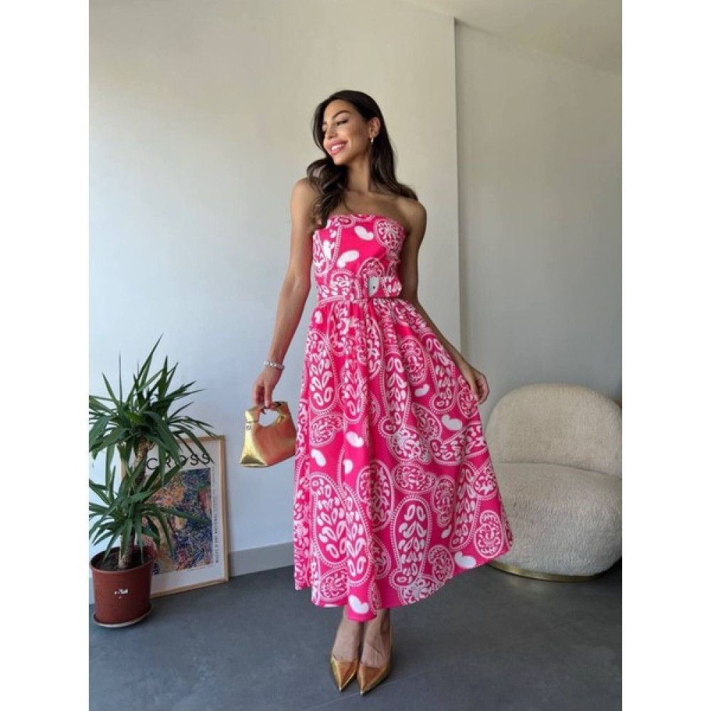Julishop Julidress Çok Renkli Etnik Desenli Straplez Yaka Kemerli Midi Boy Premium Yazlık Poplin Elbise Elbise Fiyatı