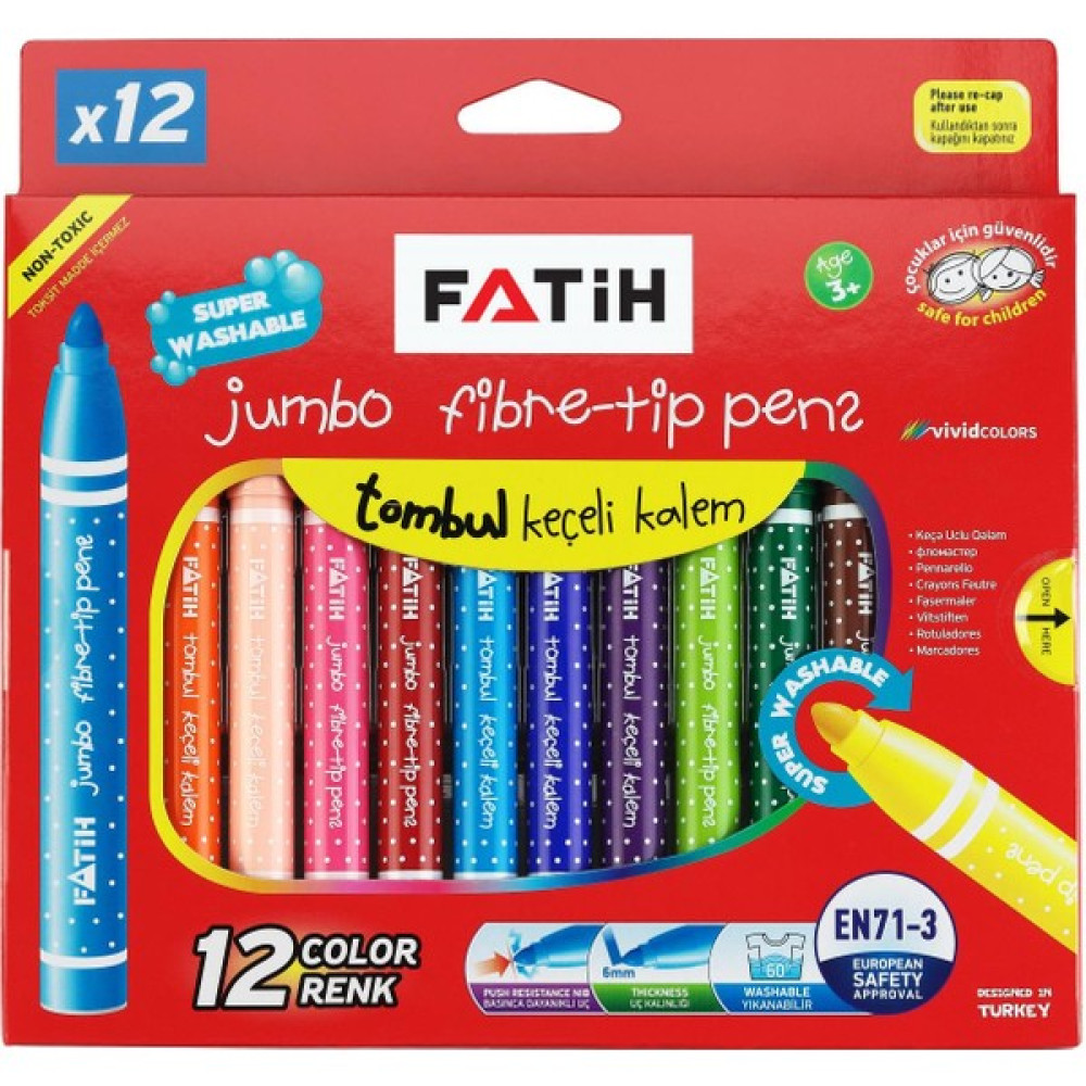 Jumbo Tombul Keçeli Kalem 12 Li Yıkanabilir 1 Adet Fatih Keçeli Kalem 12 Renk Jumbo Yıkanabilir - Karışık-Çok Renkli Keçe Uçlu Kalem Fiyatı