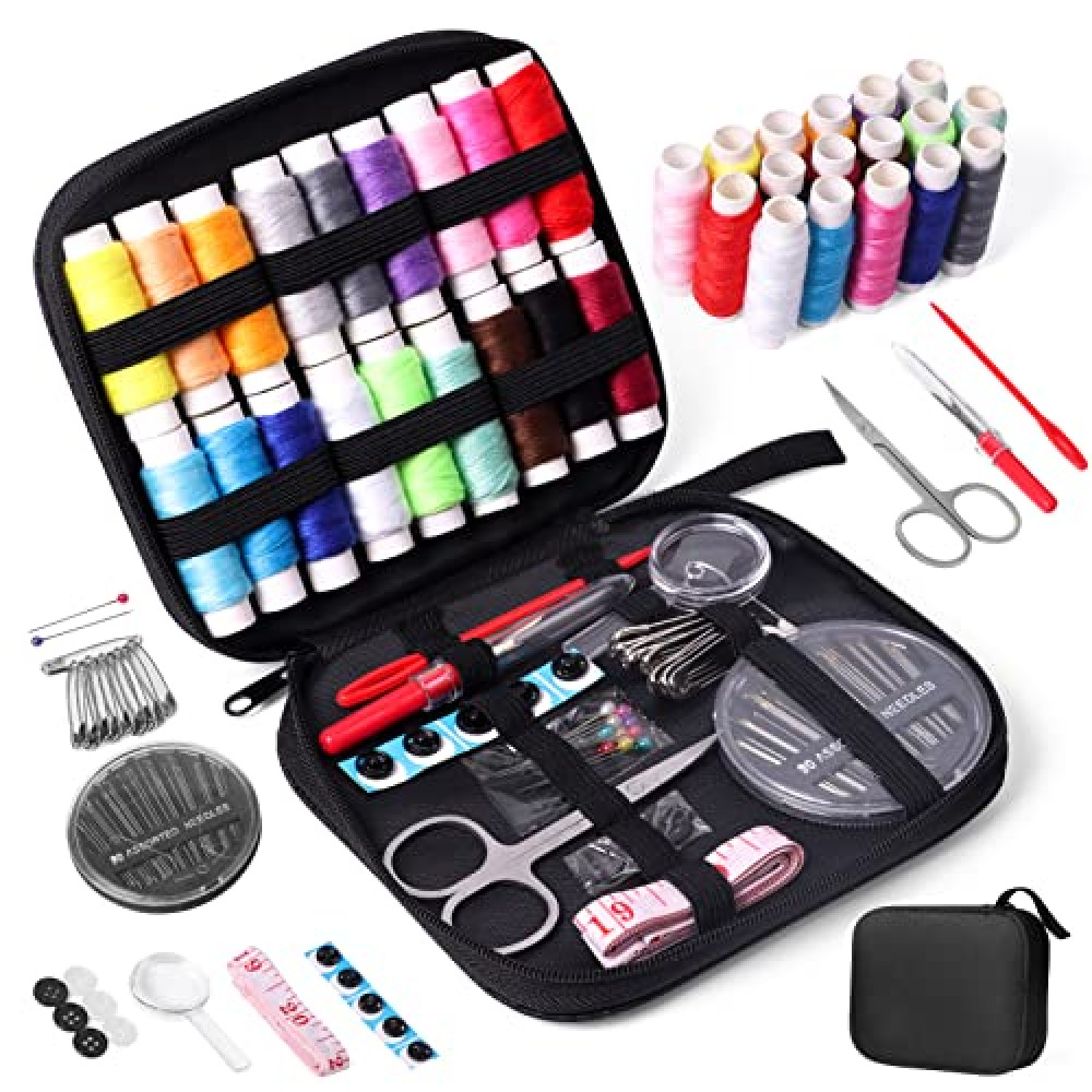 JUNING Sewing Kit with Case Portable Sewing Supplies for Home Traveler, Adults, Beginner, Emergency, Kids Contains Thread, Scissors, Needles,Measuring Tape