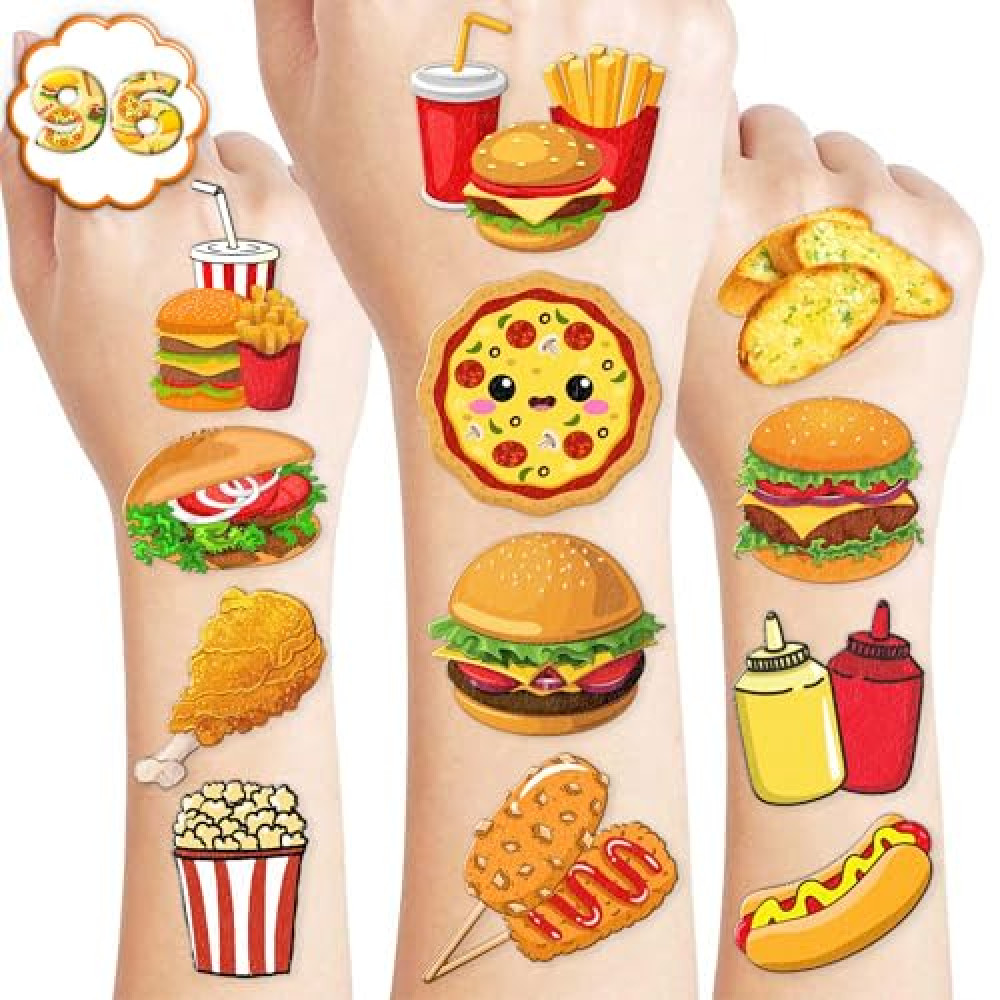 Junk Food Themed Birthday Party Decorations Supplies Favors Decor 96PCS Fried Food Hot Dog Chicken Popcorn Temporary Tattoos Stickers Gifts for Kids School Prizes Rewards