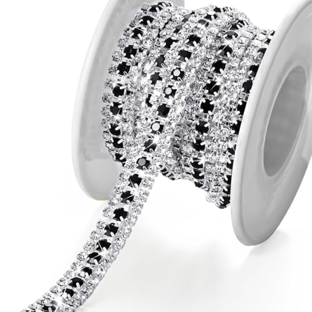 Junkin 3 Rows 6 Yards Crystal Rhinestone Trim Close Chain Bling Diamond Rhinestone Jewelry Chain for Crafts DIY Sewing Clothing Wedding Party Making Decorations Bridal Embellishments (Black and White)