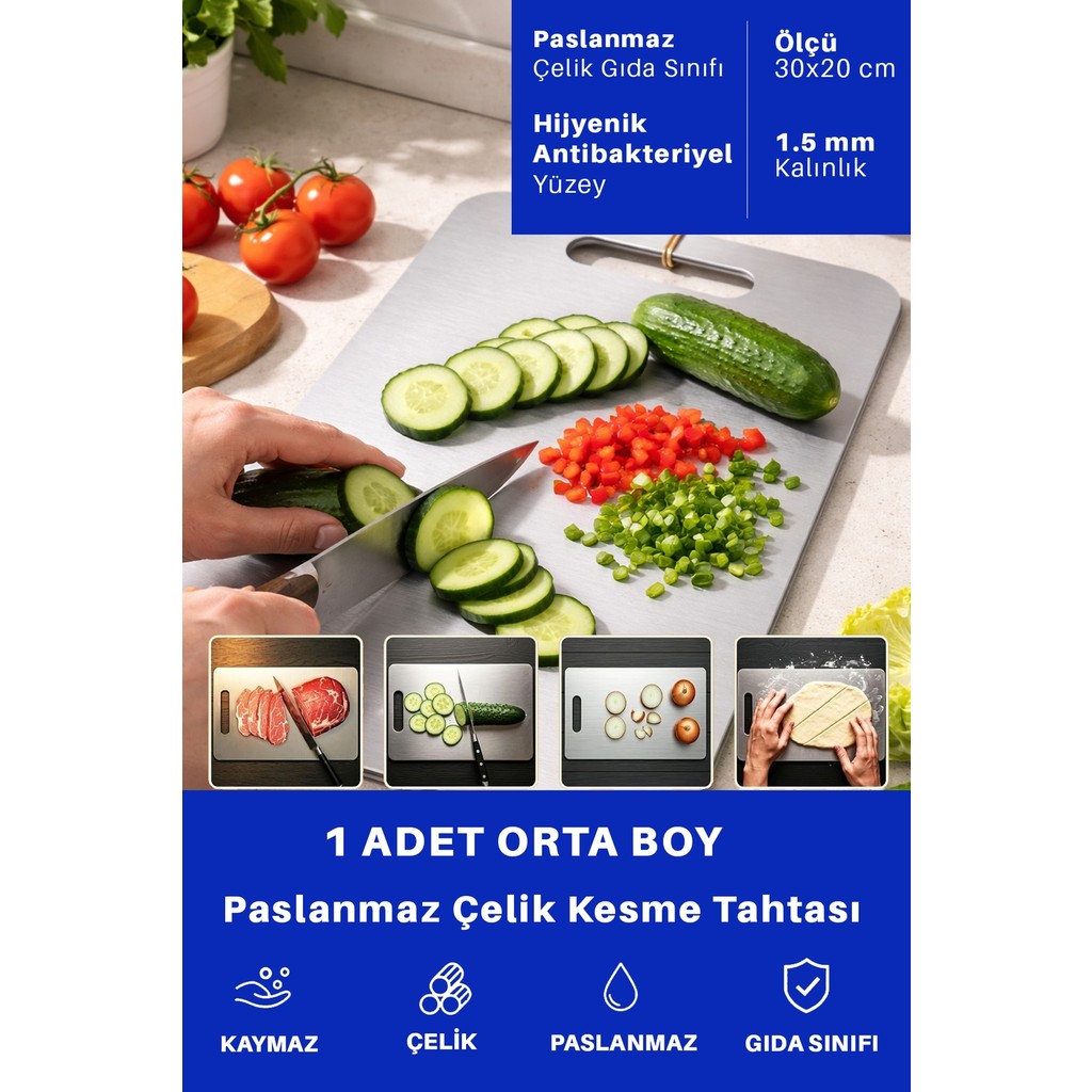 Just Art 1 Adet Paslanmaz Çelik Orta Boy Mutfak Kesme Tahtası Et Sebze Doğrama Tahtası Diğer Fiyatı