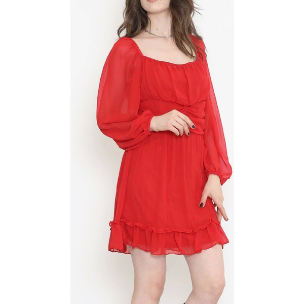 Just Cheap Madonna Yaka Şifon Elbise Kırmızı - 17890.1247. Elbise Fiyatı