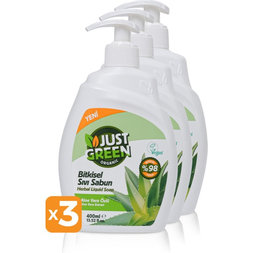 Just Green Organic 3'lü Bitkisel Sıvı Sabun Aloe Vera Özlü - 3 x 400 ml El Bakımı Fiyatı
