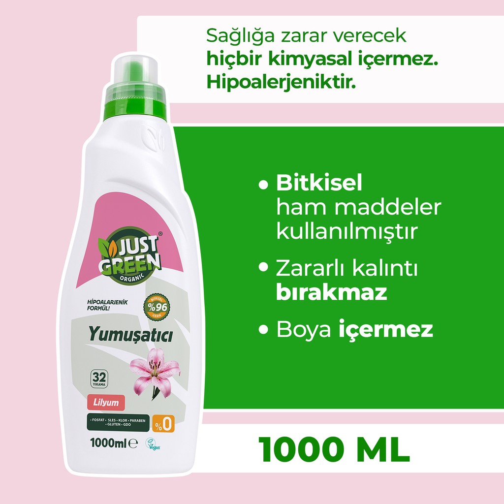 Just Green Organic Bitkisel Çamaşır Yumuşatıcı Lilyum Çiçeği - Doğal ve Ferahlatıcı Yumuşaklık (1000 Ml) 32 Yıkama - 1 lt Çamaşır Yıkama Fiyatı