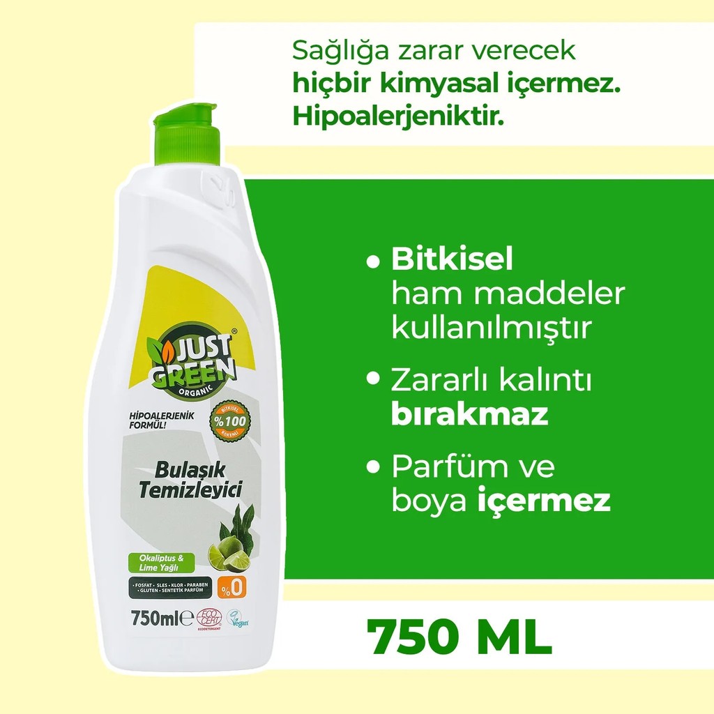 Just Green Organic Bitkisel Elde Bulaşık Deterjanı Okaliptüs Ve Lime Yağlı, %100 Doğal,bitkisel Ve Ferah Temizlik 750ml - 750 ml Bulaşık Yıkama Fiyatı