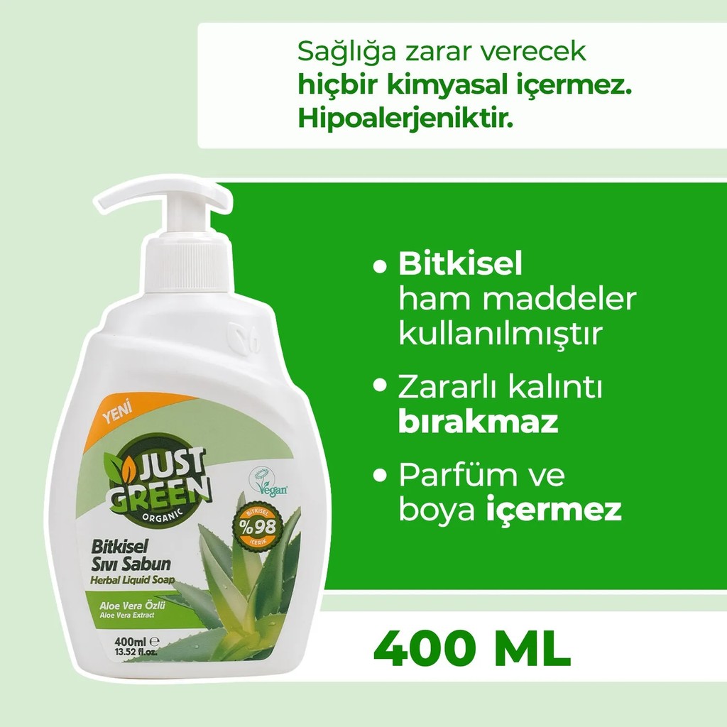 Just Green Organic Bitkisel Sıvı El Sabunu, Aloe Vera Özlü - %100 Doğal Temizlik, 400 Ml. Diğer Fiyatı