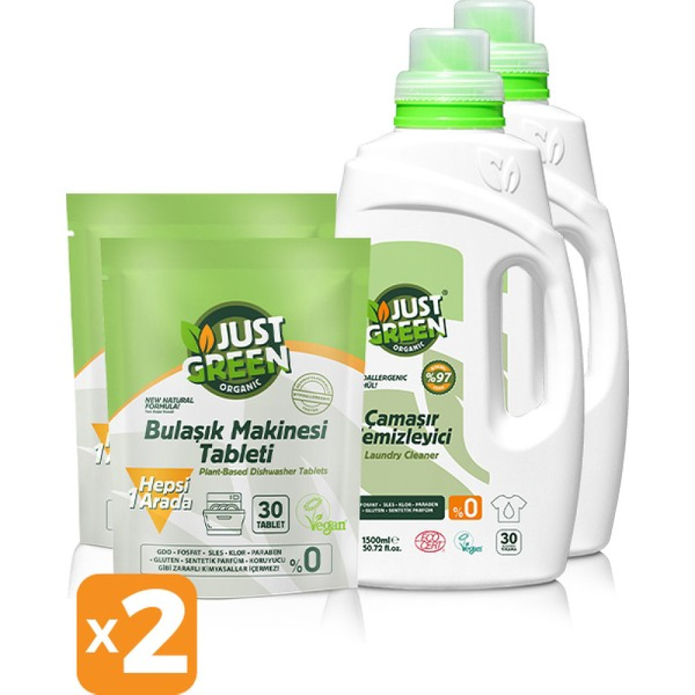 Just Green Organic Bulaşık Makinesi Tableti 2 x 30 Tablet + Çamaşır Temizleyici 2 x 1,5 lt Bulaşık Yıkama Fiyatı