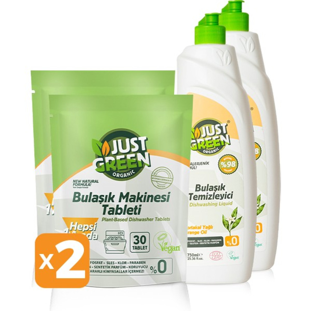 Just Green Organic Bulaşık Makinesi Tableti 2 x 30 Tablet + Elde Bulaşık Deterjanı 2 x 750 ml Bulaşık Yıkama Fiyatı