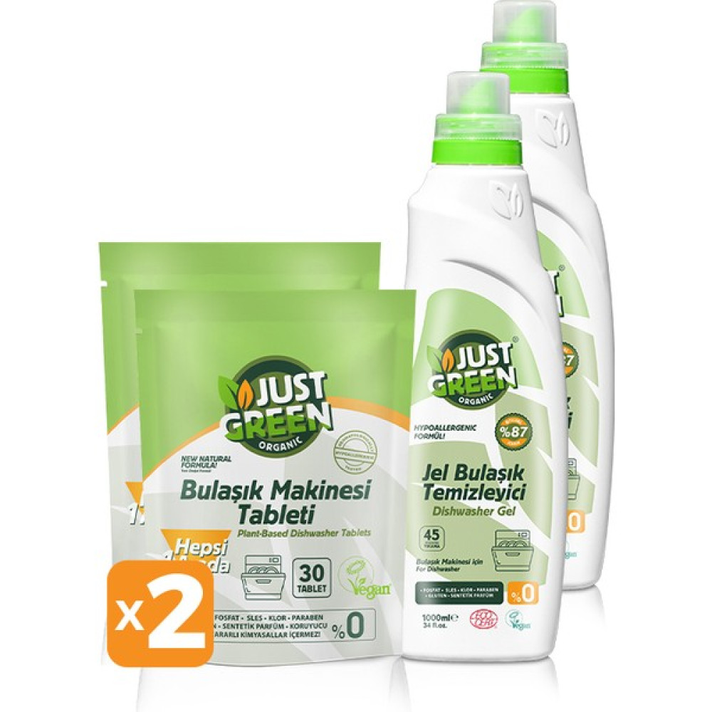 Just Green Organic Bulaşık Makinesi Tableti 2 x 30 Tablet + Jel Bulaşık Temizleyici 2 x 1 lt Bulaşık Yıkama Fiyatı