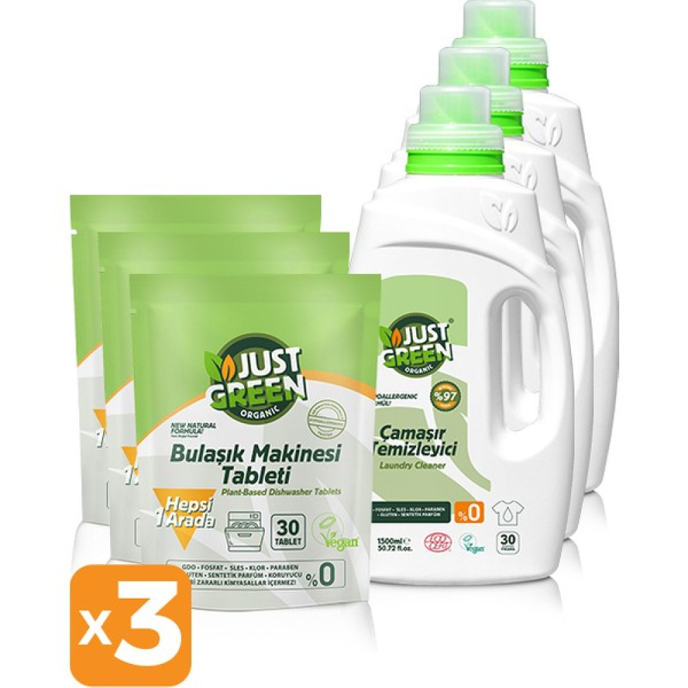 Just Green Organic Bulaşık Makinesi Tableti 3 x 30 Tablet + Çamaşır Temizleyici 3 x 1,5 lt Bulaşık Yıkama Fiyatı