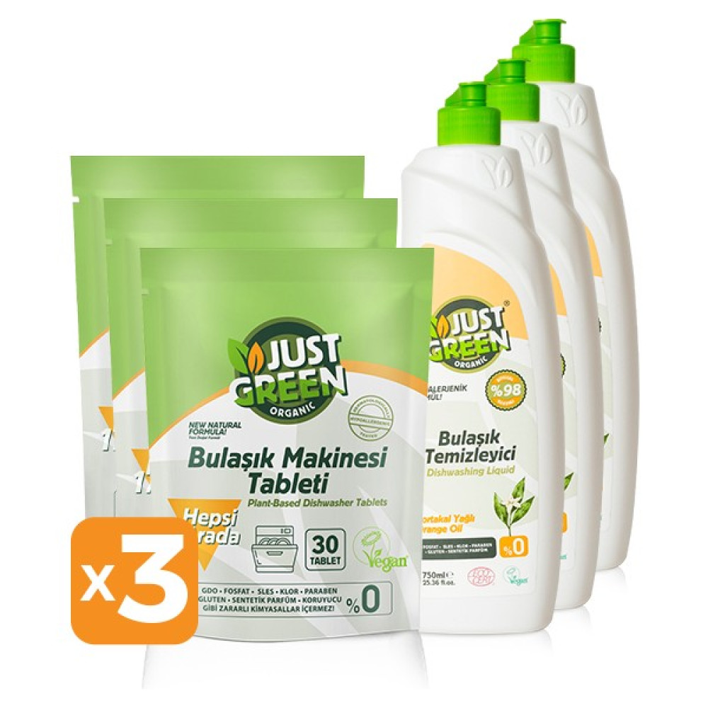 Just Green Organic Bulaşık Makinesi Tableti 3 x 30 Tablet + Elde Bulaşık Deterjanı 3 x 750 ml Bulaşık Yıkama Fiyatı