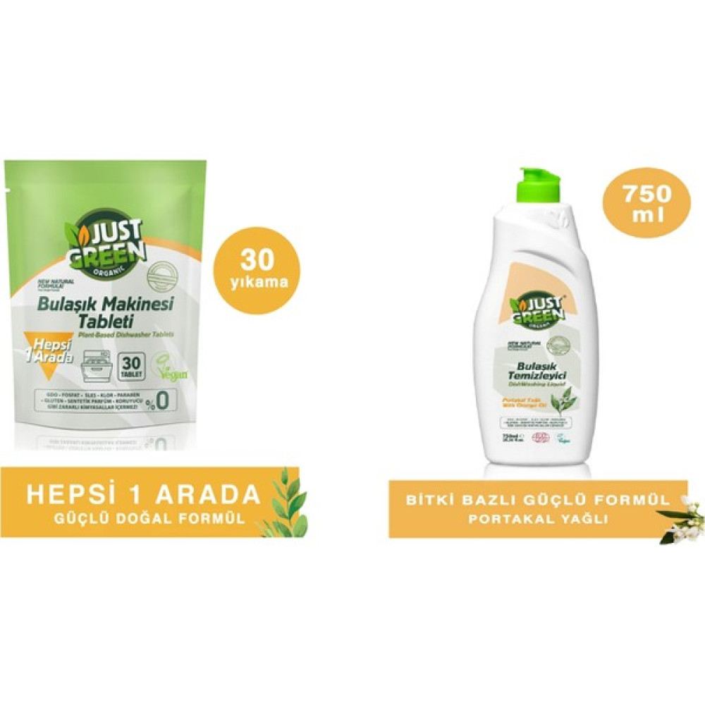 Just Green Organic Bulaşık Makinesi Tableti 30 Tablet 480 gr + Elde Bulaşık Deterjanı 750 ml Bulaşık Yıkama Fiyatı